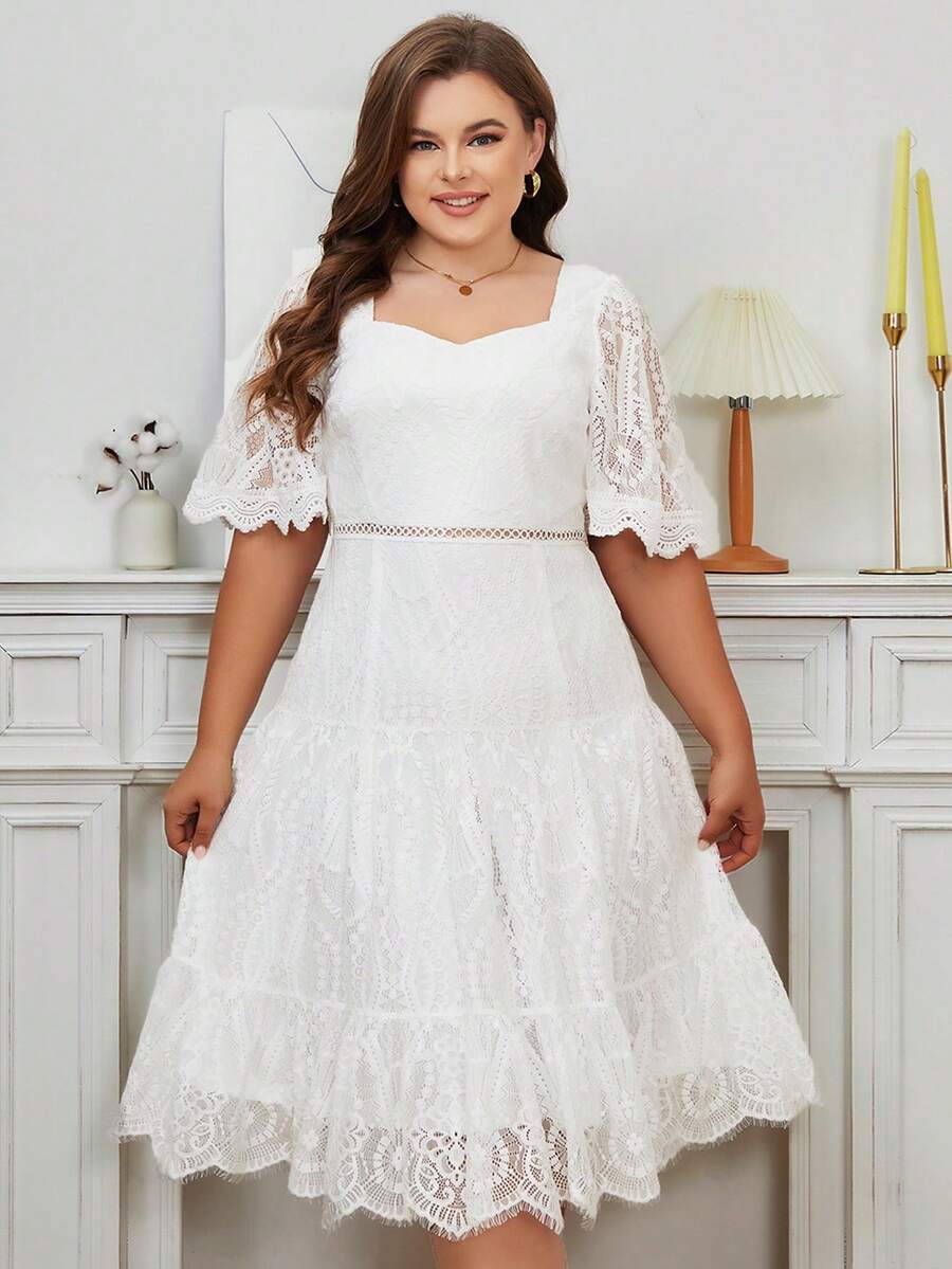 Vestido escote corazón bajo con fruncido con encaje - Blanco - Ver 1
