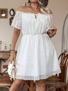 Calvaya Hơn Off Shoulder Nút phía trước Ren Đầm - trắng - Xem 6