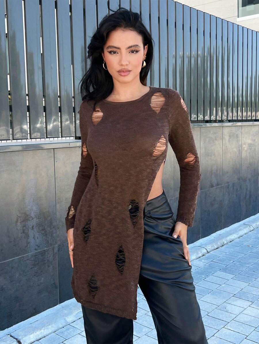 SHEIN SXY Rách Viền chia cắt Áo len - Màu nâu Sô-cô-la - Xem 1
