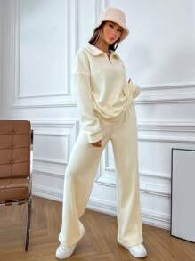 EURMUSE Bộ 2 món/Bộ đồ thường ngày bằng vải nhung trơn màu trơn tay dài có khóa kéo nửa SHEI cỡ lớn - Màu be - Xem 4