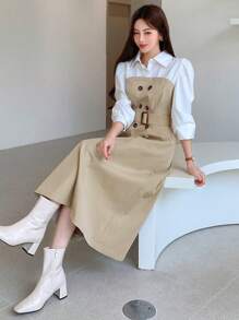 DAZY 双色双排扣腰带二合一正装衬衫裙，秋季服装 - 卡其色 - 查看 3
