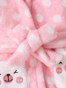 女婴毛绒波尔卡圆点卡通睡袍带口袋和耳朵设计女婴晨衣幼儿睡袍女婴幼儿睡袍婴儿晨衣