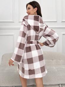 Bata con estampado de cuadros con capucha con cinturón de franela - Multicolor - Ver 2