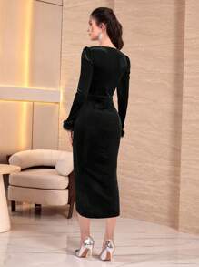 Modelyn Fuzzy Cuff Wrap Hem Velvet Dress - Black - View 2