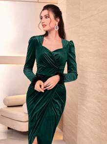 Modelyn Fuzzy Cuff Wrap Hem Velvet Dress - Dark Green - View 3