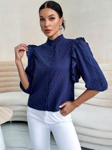 SHEIN Privé Viền Ruffle Cổ giả Nút phía trước Áo sơ mi - Màu xanh hải quân - Xem 6