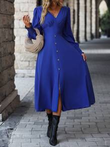 SHEIN LUNE Chất rắn Nút phía trước Tay áo lồng đèn Đầm - Xanh đậm - Xem 5