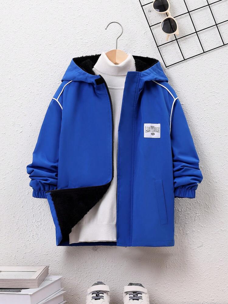 Tween Boy Letter Patched Detail Contrast Piping Thermal Lined Hooded Coat Without Sweatshirt