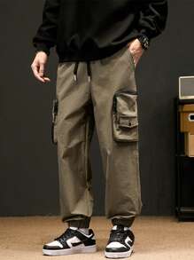 Men Flap Pocket Side Drawstring Waist Cargo Pants - Army Green - View 1