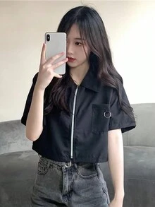 純色拉鍊短款襯衫 - 黑色 - 查看 5