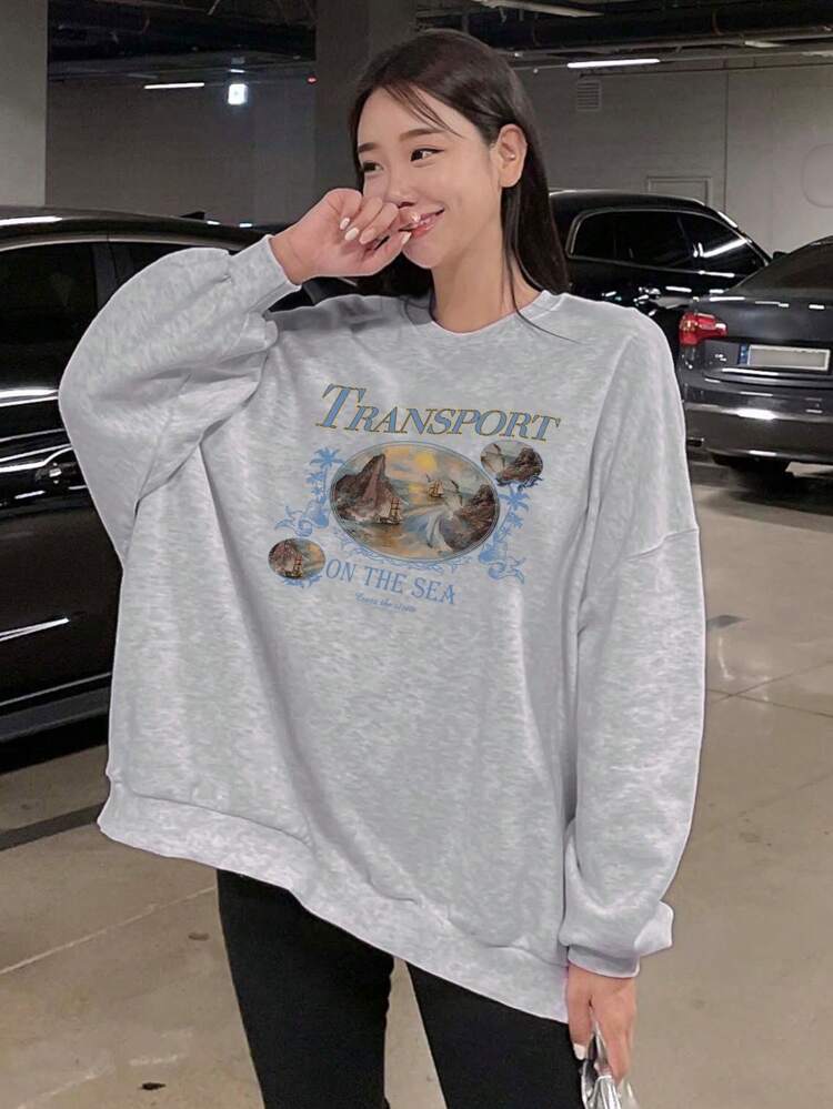 Slogan Graphic Drop Shoulder Pullover,Fall Clothes Sweatshirt