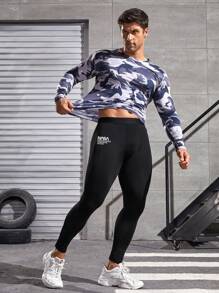Running Boyfriend Style Men Slogan Graphic Sports Tights - Black - View 4