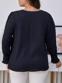SHEIN Frenchy Plus Solid V Neck Flare Sleeve Blouse - Navy Blue - View 2