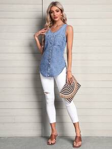 SHEIN LUNE 前紐扣弧形下擺牛仔背心上衣 - 淺色水洗藍 - 查看 4