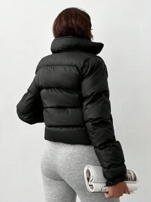 EURMUSE Solid Zip Up Puffer Coat - Black - View 2