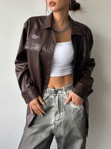 DAZY Camisa de patente con detalle de solapa y hombros caídos, blusas de manga larga, ropa de mujer de otoño - Marrón - Ver 6