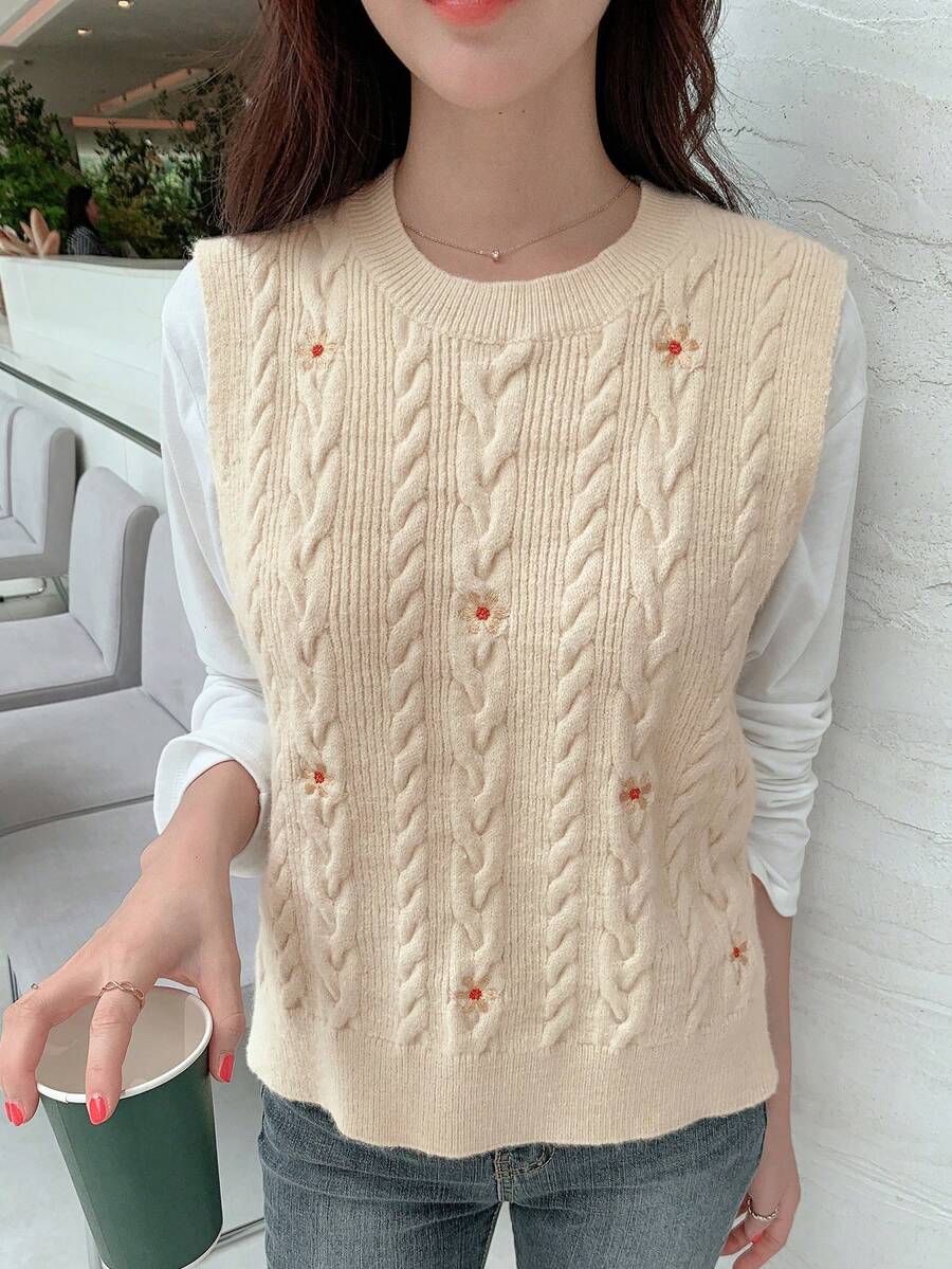 DAZY 1 Miếng Thêu hoa Xoắn Dan Áo len vest - Màu be - Xem 1