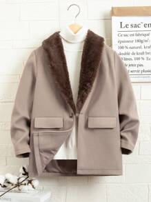 SHEIN Tween Boy Flap Detail Shawl Collar Overcoat - Mocha Brown - View 1