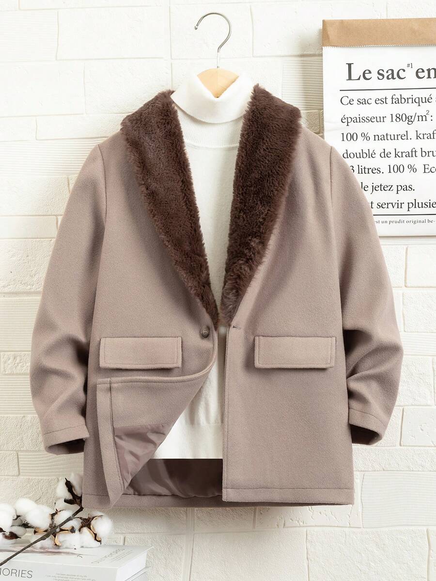 SHEIN Tween Boy Flap Detail Shawl Collar Overcoat - Mocha Brown - View 1