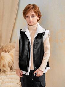SHEIN Tween Boy Slim-Fit Sports Stand Collar Furry Pu Composite Jacket - Black - View 5