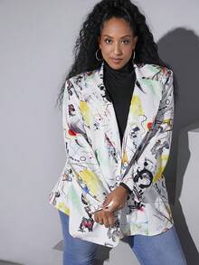 SHEIN CURVE+ 大碼塗鴉圖案西裝領西裝外套 - 彩色 - 查看 6