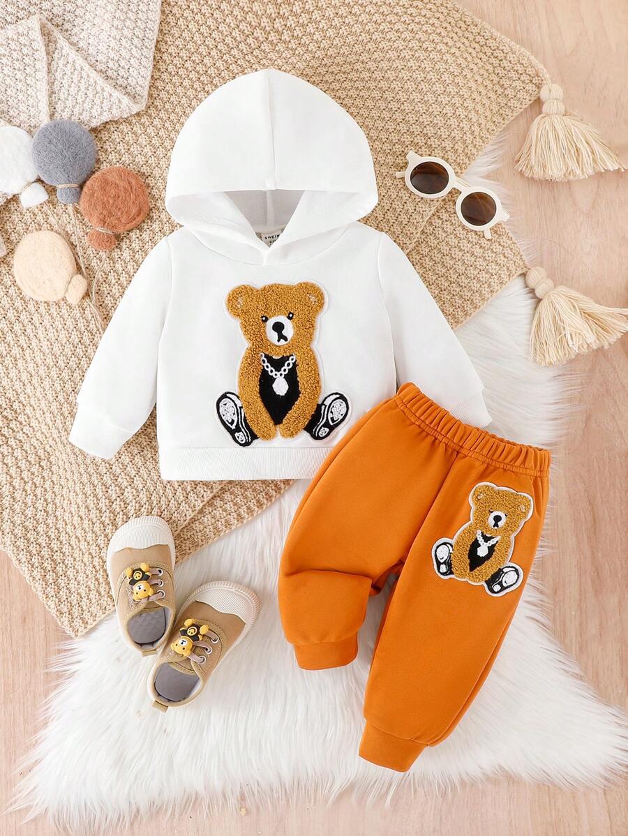 Conjunto casual de sudadera con capucha de oso de patchwork y pantalones deportivos para bebé niño