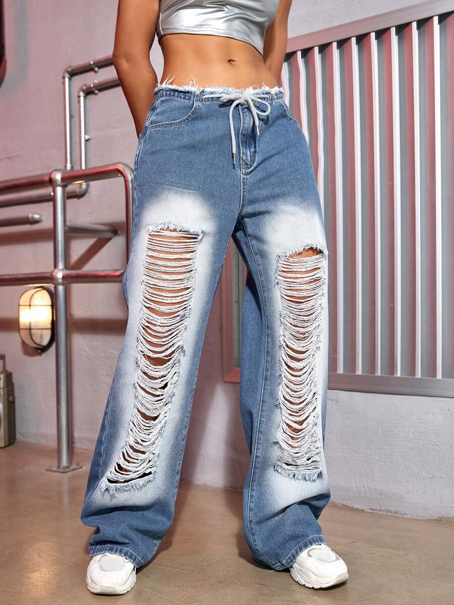 街腰部抽繩破洞未經加工腰闊腿牛仔褲 - 中等水洗藍 - 查看 1