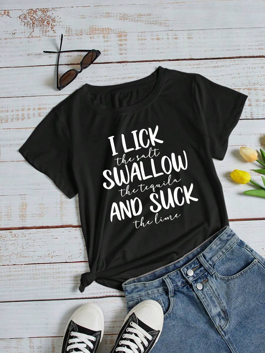 SHEIN LUNE Slogan Graphic Tee - Black - View 1