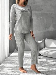 EURMUSE Letter Graphic Drop Shoulder Tee & Pants Lounge Set - Light Grey - View 4