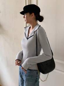 DAZY 女士休闲商务圆领长袖毛衣，适合秋季，长袖上衣 - 灰色 - 查看 3