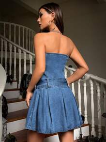 SHEIN ICON Halloween Solid Belted Denim Tube Dress - Medium Wash - View 5