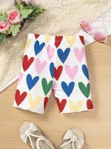 SHEIN Toddler Girls Heart Print Shorts - Multicolor - View 2