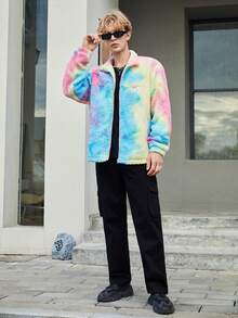 Manfinity RebelGame 超大尺寸男士扎染字母贴花斜口袋泰迪夹克 - 彩色 - 查看 4