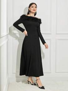 Modelyn Off Shoulder Fuzzy Trim Glitter Dress Without Belt - Black - View 4