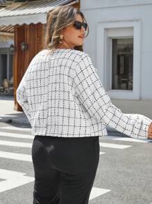 SHEIN Privé áo khoác kích thước lớn Nút phía trước Sọc ca rô Thanh lịch - trắng - Xem 2