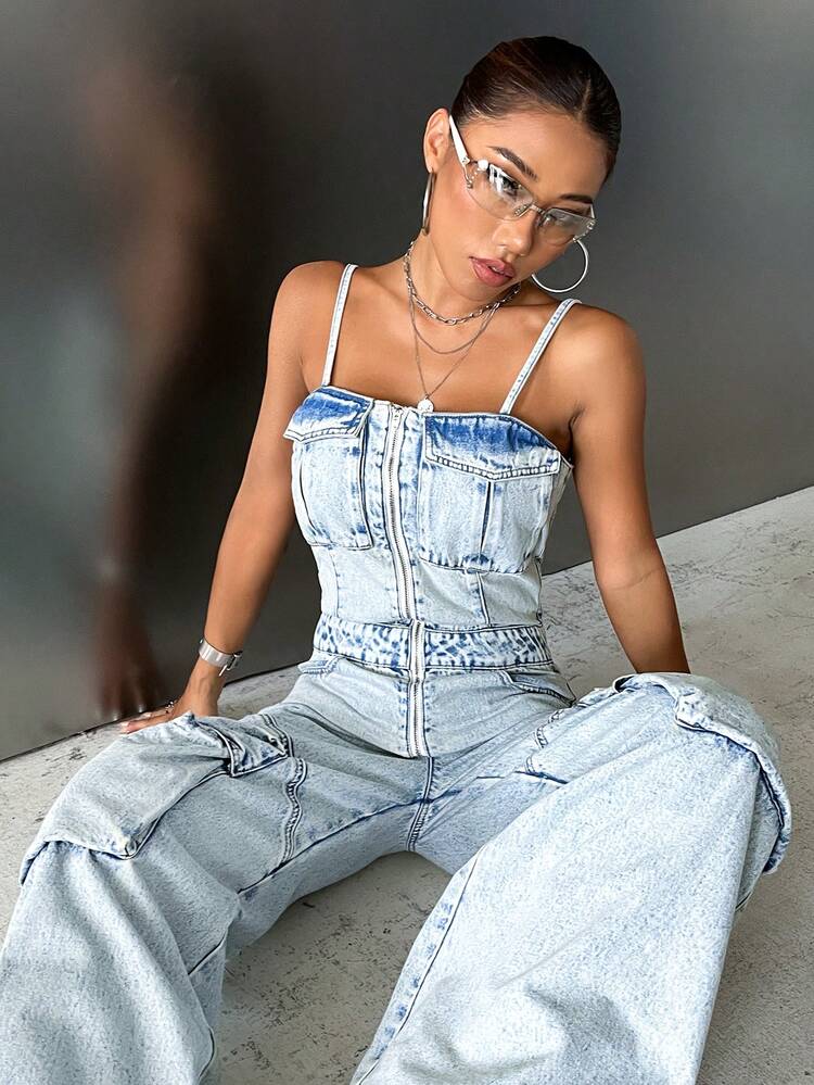 Zip Up Flap Pocket Side Cami Denim Jumpsuit