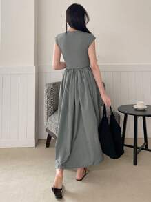 DAZY Solid Cap Sleeve A-line Dress - Grey - View 2