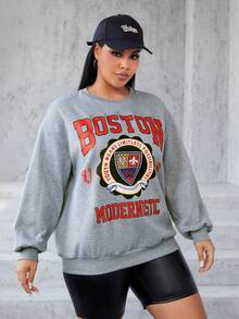 SHEIN EZwear 大碼字母圖案落肩袖運動衫 - 灰色 - 查看 3