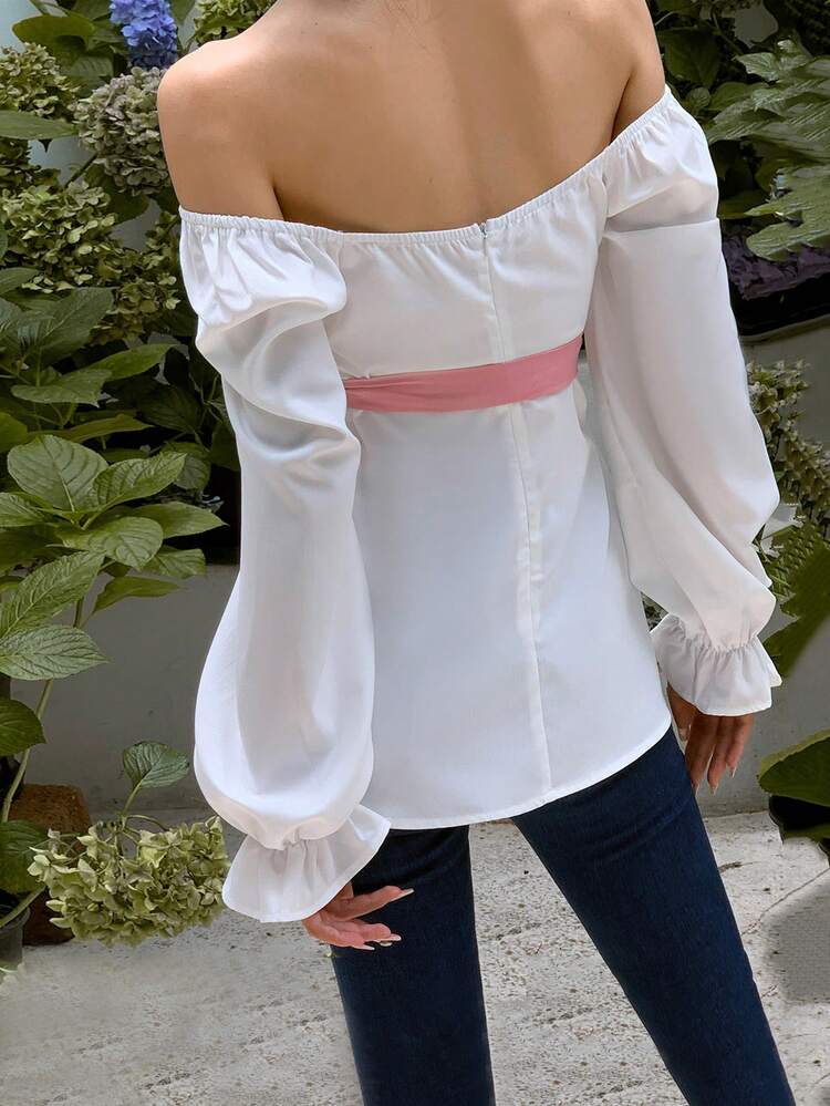 Sweetheart Neck Flare Sleeve Ruched Belted Blouse Fall Cloth For Women