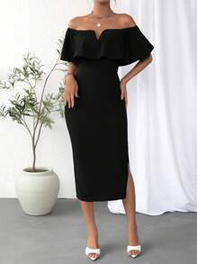 Firerie Off Shoulder Ruffle Trim Split Hem Bodycon Dress