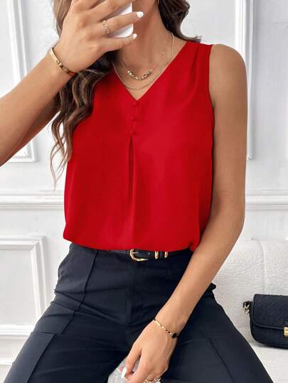 SHEIN Essnce Solid Button Detail Sleeveless Blouse