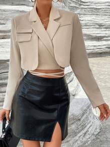 SHEIN Privé Cổ áo Thánh giá Buộc lại Crop Blazer - Màu Khaki - Xem 1