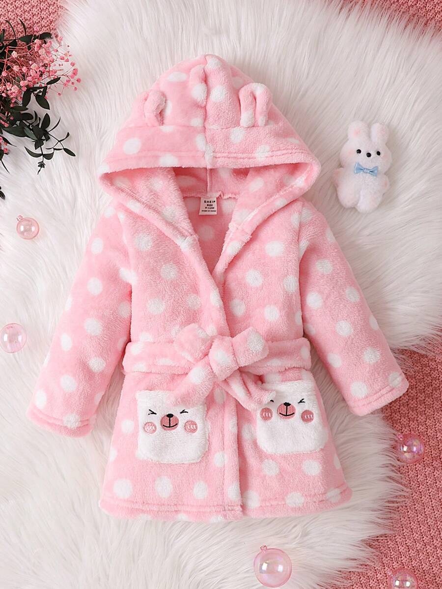 女婴毛绒波尔卡圆点卡通睡袍带口袋和耳朵设计女婴晨衣幼儿睡袍女婴幼儿睡袍婴儿晨衣