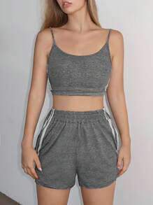 Muchica Contrast Side Seam Cami Top & Shorts - Grey - View 1