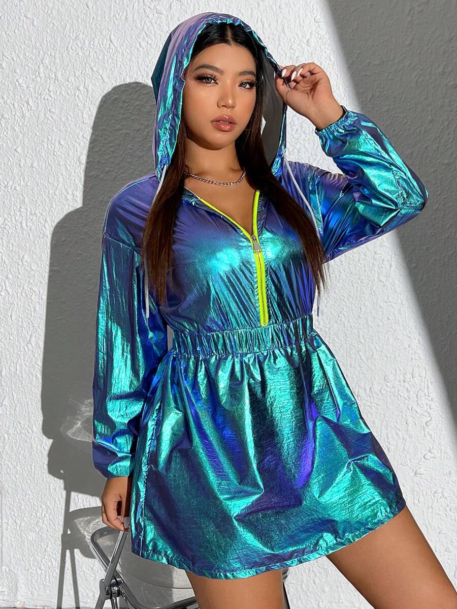 SHEIN ICON 大碼鐳射抽繩落肩袖連帽洋裝 - 彩色 - 查看 1
