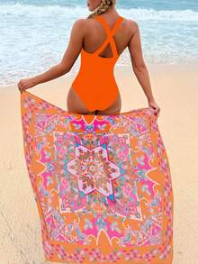 Floral Print One Piece Swimsuit With Beach Skirt - Orange - View 3