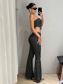 SHEIN ICON 條紋印花抹胸上衣&喇叭褲 - 黑色 - 查看 4