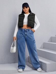 SHEIN EZwear Áo khoác đệm có khóa kéo viền rút Plus không có áo phông - màu đen - Xem 3