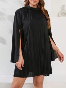 SHEIN Clasi Plus Mock Neck Split Sleeve Pleated Dress - Black - View 3