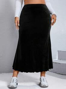 SHEIN EZwear 大碼高腰魚尾裙下擺絲絨半身裙 - 黑色 - 查看 1